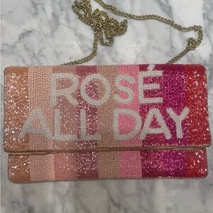 Sequin 'ROSÉ All Day’ Pink Crossbody Clutch with Gold Chain
